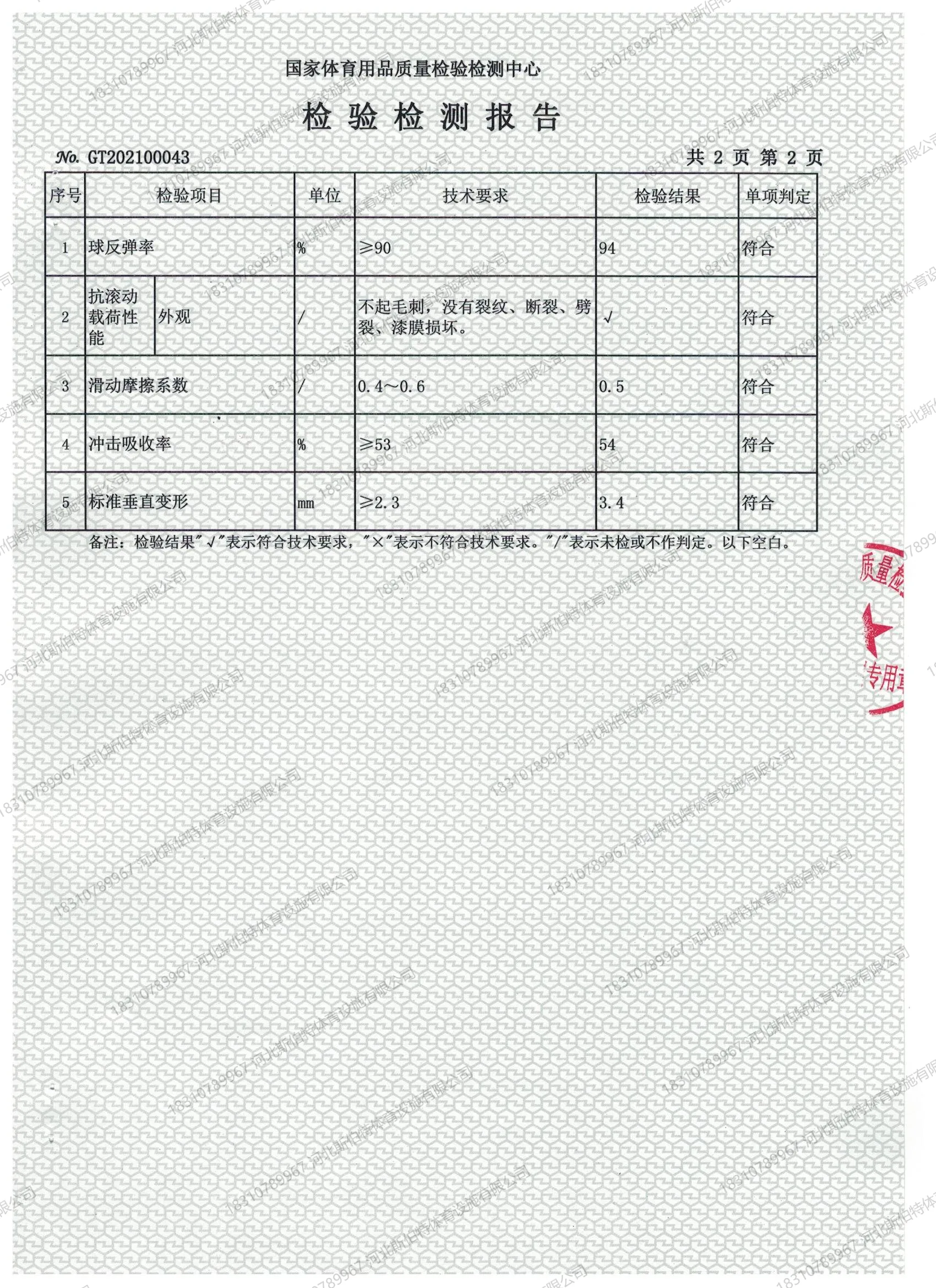 检验结果表:球反弹率、冲击吸收率等五项功能指标全部符合