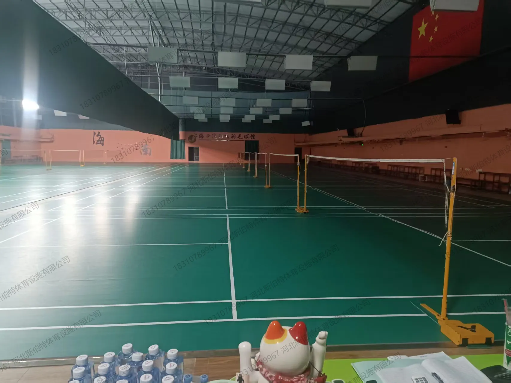 完工全景：多片标准羽毛球场地并列，绿色地胶配白色标线，前台服务台就位