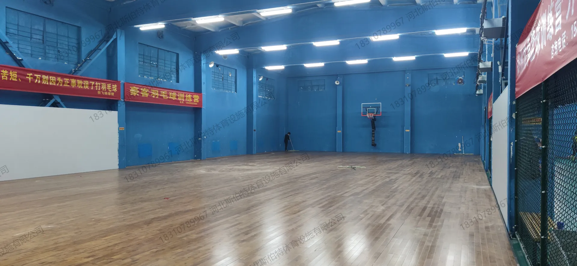 完工实景:枫桦木C级地板铺装完成,中浅棕色木纹清晰,自然节疤分布,篮球架就位